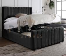 Image of OTTOMAN STORAGE BED PANEL PLUSH VELVET UPHOLSTERED BED FRAME- WINGED HEADBOARD