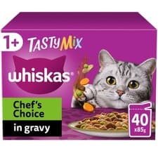 Image of 120 x 85g Whiskas 1+ Chef's Choice Mix Mixed Adult Wet Cat Food Pouches in Gravy