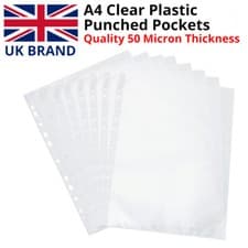 Image of 100 X A4 PLASTIC PUNCH PUNCHED POCKETS 50 MICRON FILING WALLETS FOLDERS