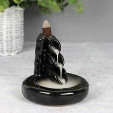 Image of Bamboo Waterfall Backflow Calming Black Ceramic Incense Cone Burner Ornament