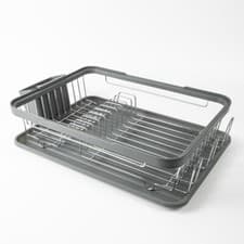 Image of Grey or Black Kitchen Dish Drainer Rack with Plastic Drip Tray Cutlery Holder