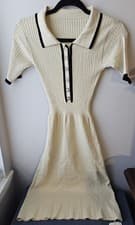 Image of Commense Women's XS Ribbed Knit Polo Dress Cream Black Trim Button Front New