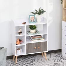 Image of Multi-Shelf Bookcase Freestanding Storage w/ Cabinet Shelves Wood Legs Grey