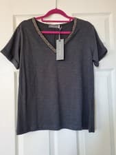 Image of Mint Velvet Grey Beaded V Neck T-Shirt Size XS - New with tag