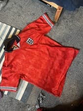 Image of England Red 1990 Away Shirt Medium Mens Large Umbro Excellent Condition