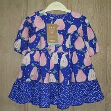 Image of Monsoon New Girls Blue Pear Print Cotton Party Dress Age 6-12 Months bnwt
