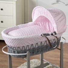 Image of Baby Moses Basket - Pink Dimple / Grey Wicker | Bedding and Mattress