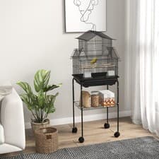 Image of Metal Bird Cage w/ Plastic Perch, Food Container, Handle - Black