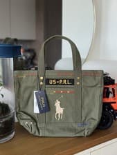 Image of Polo Ralph Lauren Tote Bag Small Green Army Logo Equestrian Zip Embroidered