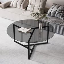 Image of Round Coffee Table Glass Top Study Metal Frame Living Room Furniture