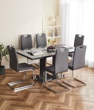 Image of Dining Table Set Grey Glass and Grey High Gloss Rectangle 6 Faux Leather Chairs