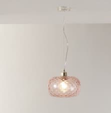 Image of Blush Pink Textured Glass Pendant Light Hammered Oval Shade with Brass Fitting