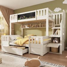 Image of Bunk Beds for Kids w/ Storage Drawer & Staircases, 90x190cm, Solid Wood White