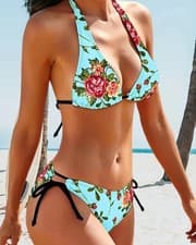 Image of New Halter-Neck Floral Print Bikini Tie-Side Detail,Vibrant Pink & Blue Size 16