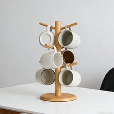 Image of Wooden 6 Cup Mug Tree Kitchen Living Room Storage Rack Holder Stand Space Saving