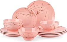 Image of 12 Pieces Dinnerware Set Porcelain Dinner Dessert Plates Deep Bowls Pink Marble