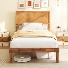Image of Single Size Wooden Bed Frame Acacia Wood with Headboard Caramel Finish