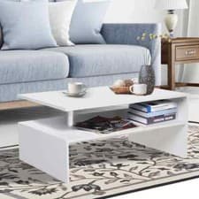 Image of 2 Tier Coffee Table End/Side Table Modern Design w/Open Shelf Living Room White