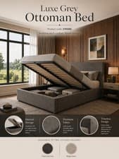 Image of OTTOMAN STORAGE GAS LIFT UP DOUBLE & KING SIZE FABRIC BED MEMORY FOAM MATTRESS