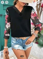 Image of Women's Elegant Black Polyester Blouse With Floral Sheer Sleeves 3/4 Sleeves, V