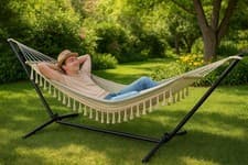 Image of Outdoor Hammock on Frame Heavy Duty Steel Stand Green White Stripes Portable