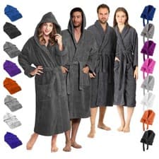 Image of 100% Cotton Terry Towelling Bathrobe Hooded Shawl Collar Unisex Dressing Gown