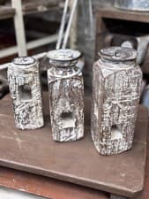 Image of Three Rustic Wooden Candle Holders / Large Church Candle Candlesticks /K