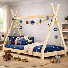 Image of Kids Teepee Bed Frame 90x200cm Solid Pine Wood House Style Play Tent Natural Bed