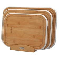 Image of Bamboo Chopping Board 3 Piece Set & Wooden Stand White Edge Cooks Professional