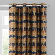 Image of Navy Gold Jacquard Heavy Thermal Interlined Eyelet Abstract Luxury Curtains Pair