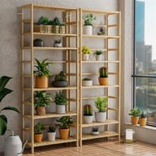 Image of 6-Tier Bamboo Shelf Tall Bookcase with Shelves for Kitchen Bathroom Living Room