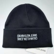 Image of Genuine CALVIN KLEIN JEANS Black Logo BEANIE Cotton Hat TAG New