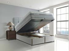 Image of Linen Cotton Upholstered Gas Lift Ottoman Storage Bed Frame Base with Headboard