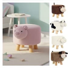 Image of Kids Animal Stool Wooden Seat Plush Faux Fur Removable Cover Bedroom Chair 30cm