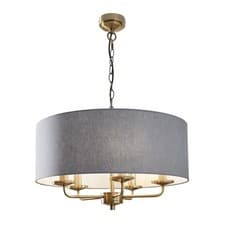 Image of Litecraft Celia Ceiling Pendant Bluish Grey Drum Shaded 5 Light - Antique Brass
