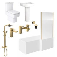 Image of Nuie L-Shaped Complete Brushed Brass Bathroom Suite Bath Toilet Sink Tap & Waste