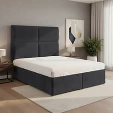 Image of Plush Velvet Ottoman Storage Upholstered Divan Bed and Square Design Headboard