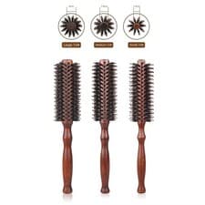 Image of Wooden Round Hair Brush Hairbrush Natural Boar Bristle Hair Comb Hair Styling