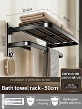 Image of Wall-Mounted Aluminum Towel Rack Holder 2 Bars Grey Black Bathroom Storage