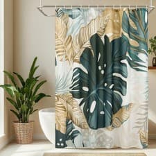 Image of EurCross Shower Curtain with Green Leaves, Water Resistant Fabric Shower Curt...