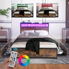 Image of Double Size Bed Frame Metal Bed Platform LED Lights Headboard & 4 Storage Drawer