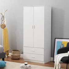 Image of White 2 Door 2 Drawer Wardrobe with Hanging Rod Wooden Clothes Storage Cupboards