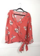Image of OASIS - Size 18 Coral Pink Wrap Side Floral Print Tie Top SUMMER / Holiday BNWT