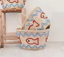Image of Handcrafted French Basket Bag With Little Fish Embroidery Stunning Beach Holiday