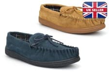 Image of Mens Suede Slippers Moccasin Slipper Mens Moccasins Carpet Slippers Real Leather