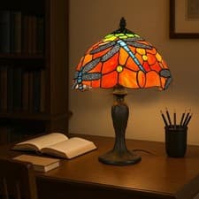 Image of Stained Glass Tiffany Table Lamp Traditional Shade Handcrafted Living Room Light
