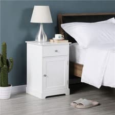 Image of White Bedside Cabinet with Lid, Wooden Nightstand with Drawer & Door for Bedroom