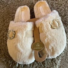 Image of BNWT Accessorize Natural Sparkle Buckle Faux Fur Cosy Mule Slippers UK Sz6 EU 39