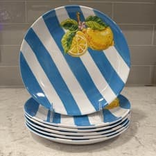 Image of Set 6 Melamine 8.75" Plates Amalfi Coast Blue Stripe Fresh Lemon / Lemons Plate