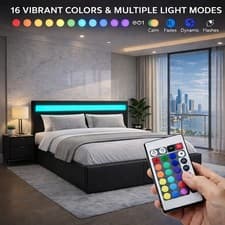 Image of Black 4ft6 Faux Leather Double Ottoman Storage Bed with LED Headboard & Remote